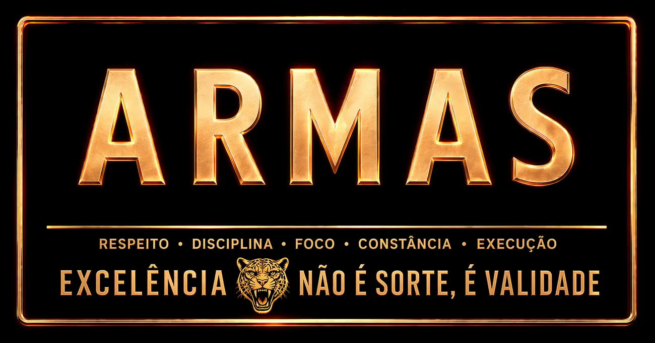 Placa ARMAS: respeito, disciplina, foco, constância e execução. Excelência não é sorte, é validade.