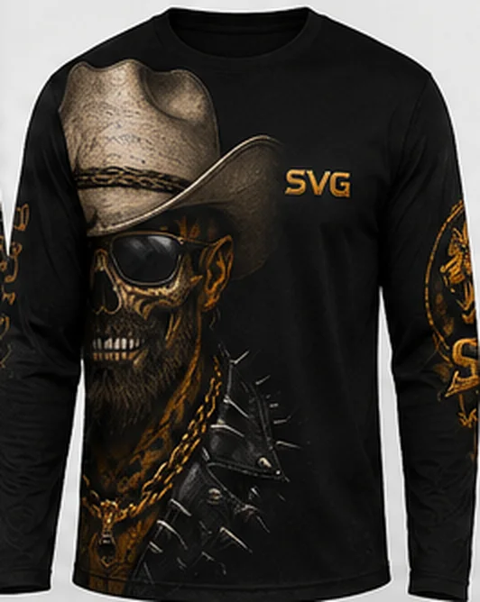 Camisa preta da linha Caveira Cowboy com caveira de chapéu e óculos e SVG no peito