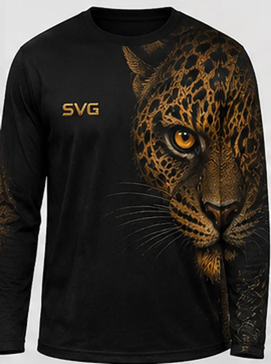 Camisa preta da linha Leopardo com a onça estampada na lateral e SVG no peito